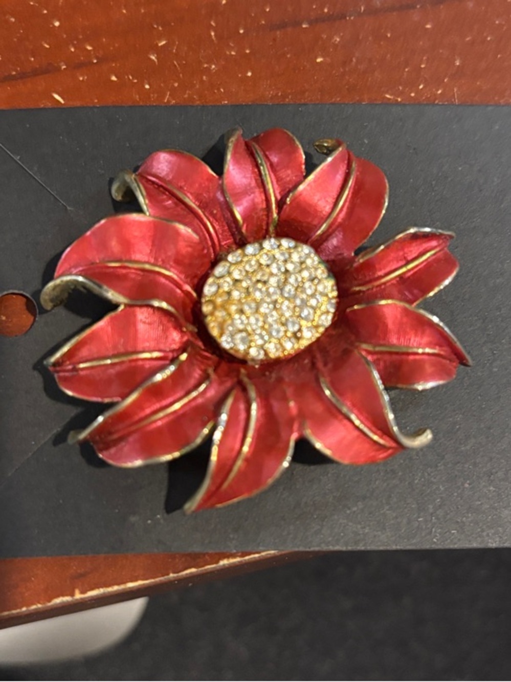 Red Enamel Flower Brooch with Pave Center